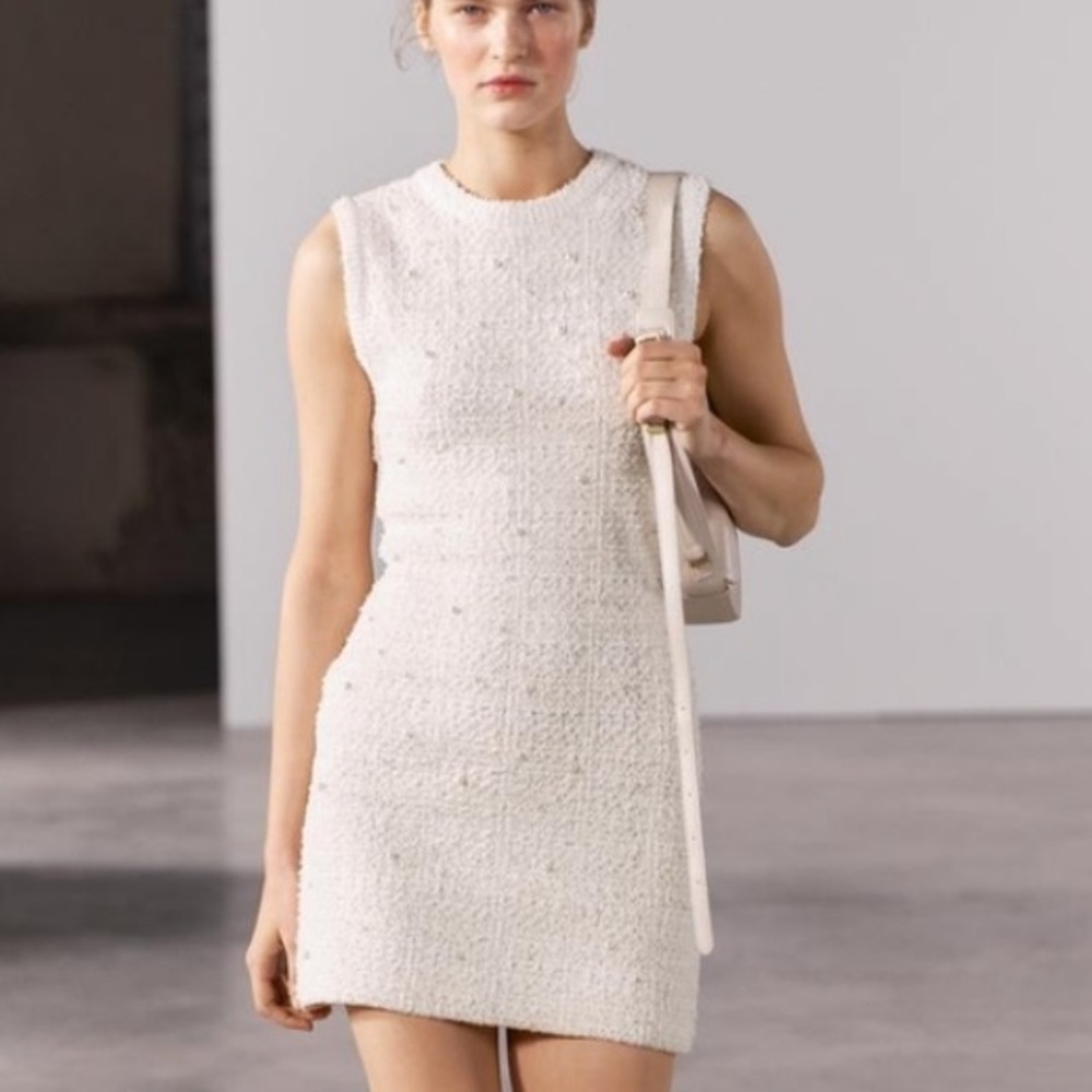 Zara pearl trim knit Cream Mini Dress